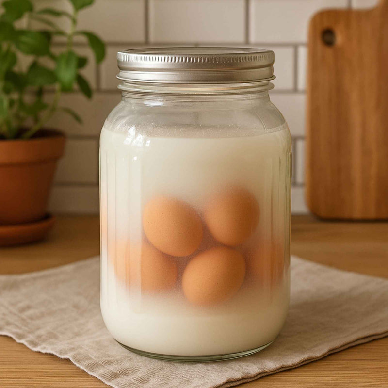 Bocal en verre contenant des œufs conservés dans de l’eau de chaux, posé sur un torchon.