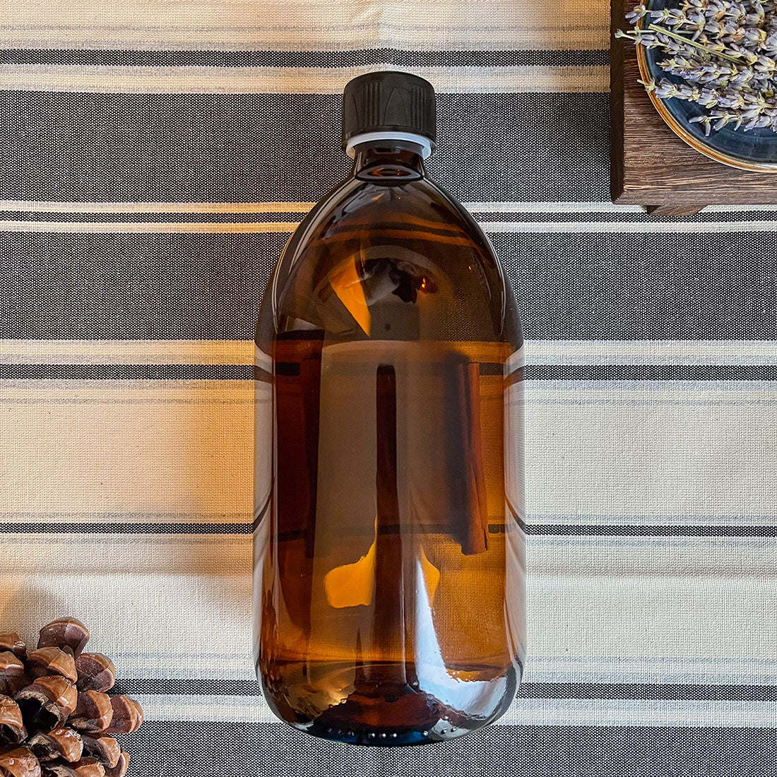 Bouteille en verre ambré 1000ml avec bouchon sécurité enfant pour huiles et produits ménagers