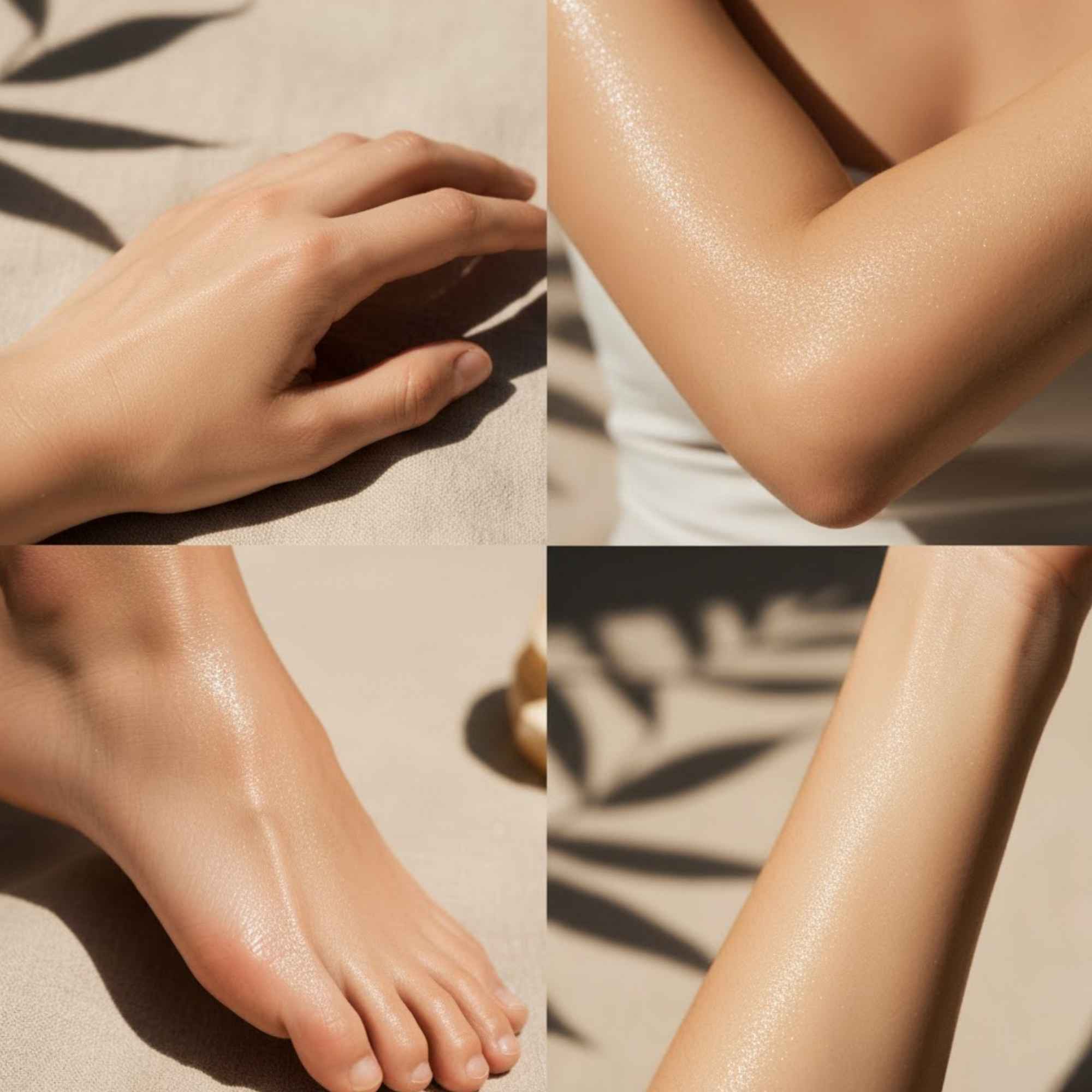 Application des baumes Plantes & Recettes sur différentes zones du corps : mains, pieds, coudes et avant-bras. Un soin filmogène protecteur au toucher fondant.