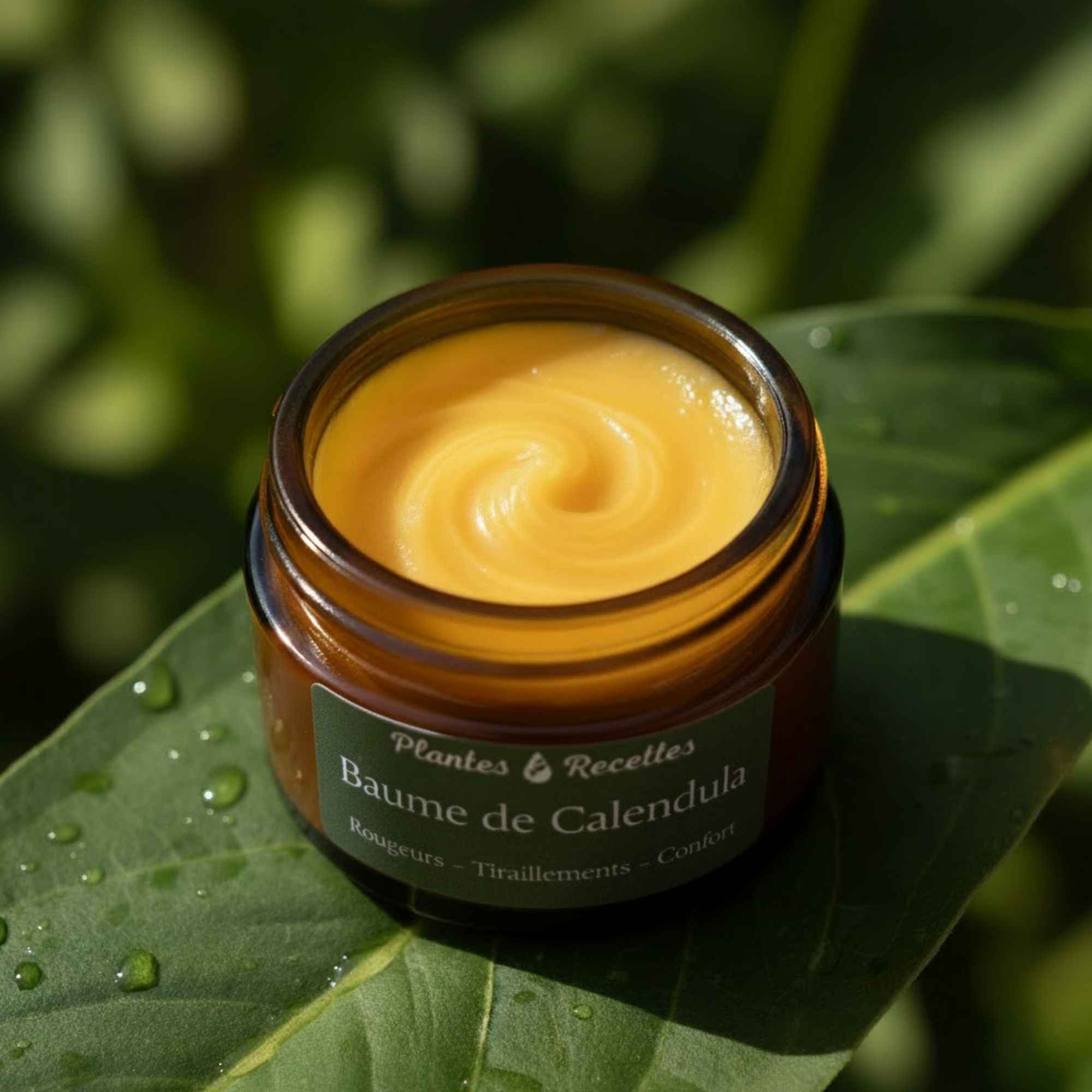 Ingrédients naturels du Baume de Calendula : huile de tournesol, fleurs de calendula, cire d’abeille, vitamine E – Plantes & Recettes.