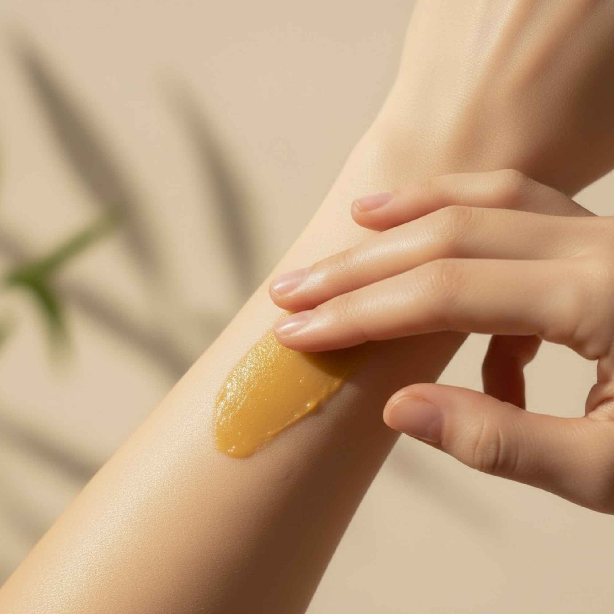 Application d’un baume Plantes & Recettes sur l’avant-bras – texture douce et naturelle pour apaiser la peau en douceur.