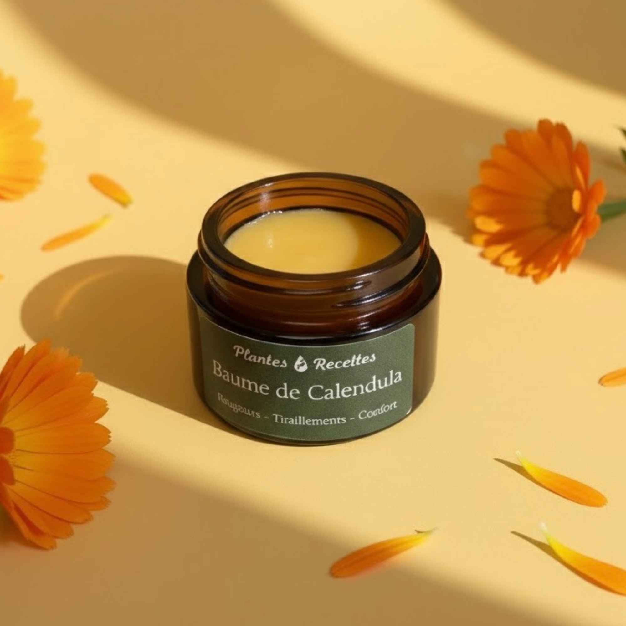 Texture douce et fondante du Baume de Calendula dans son pot en verre – Plantes & Recettes.