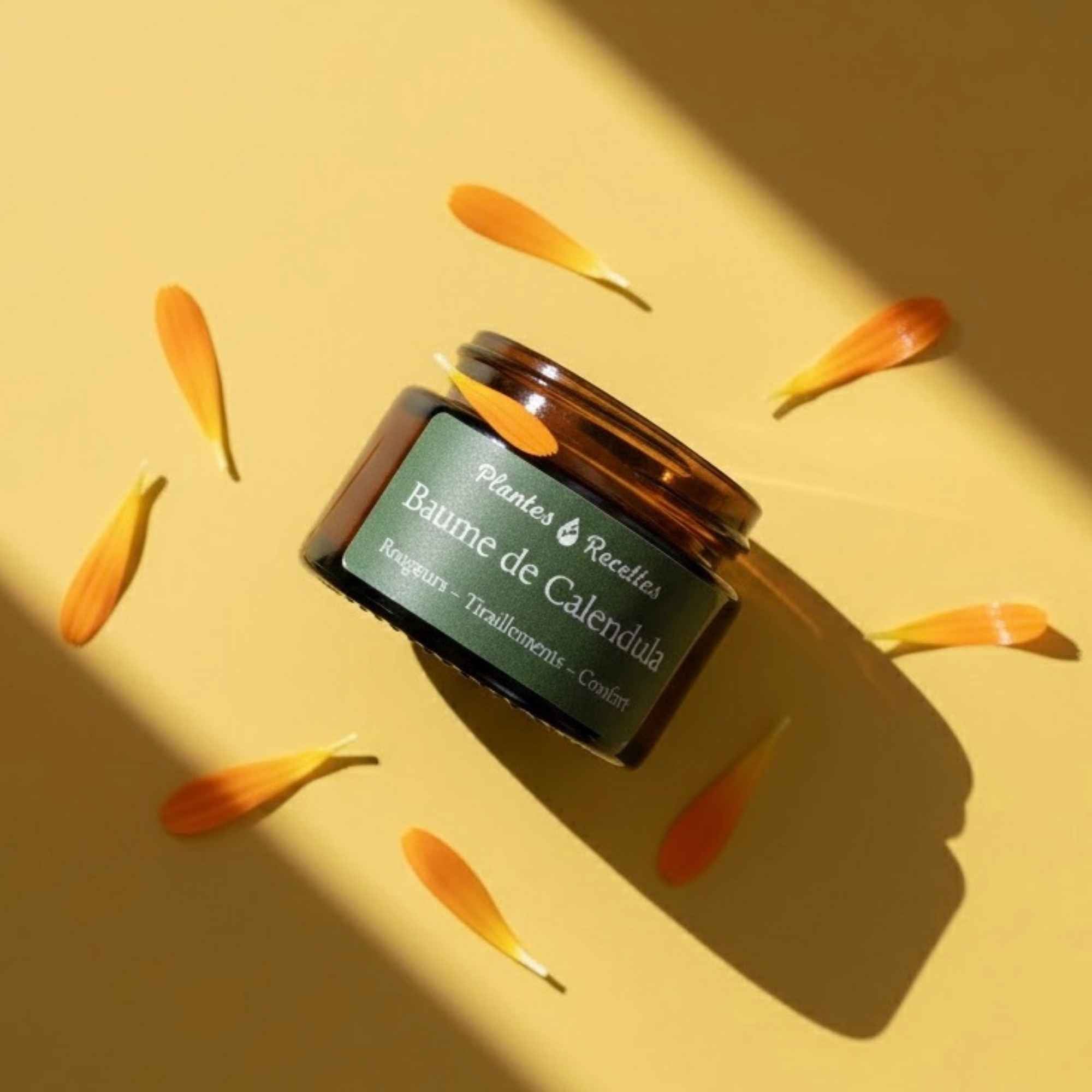 Baume de Calendula apaisant pour la peau, fabriqué artisanalement dans les Hauts-de-France – Plantes & Recettes.