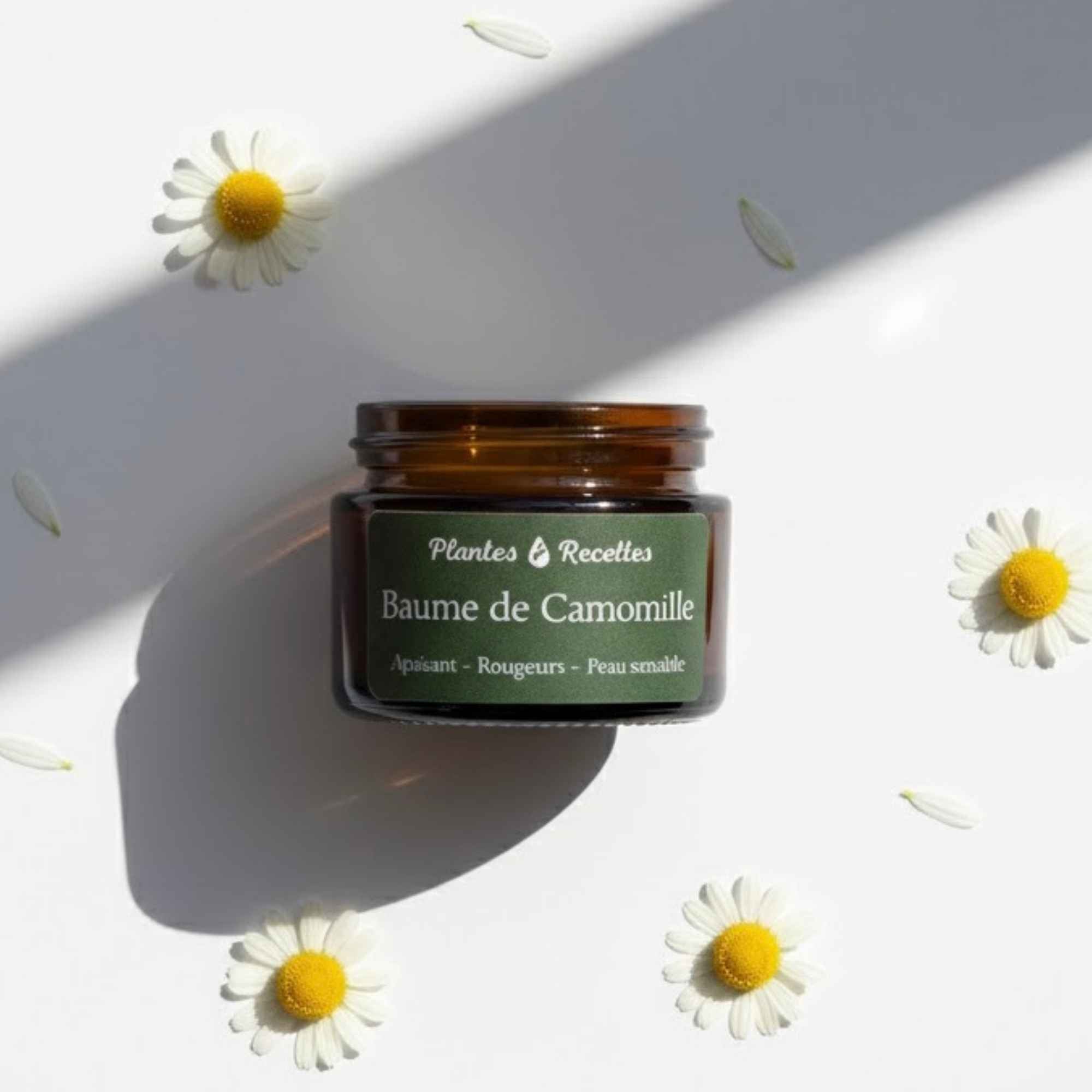 Baume de Camomille apaisant et doux pour les peaux sensibles, fabriqué artisanalement – Plantes & Recettes.