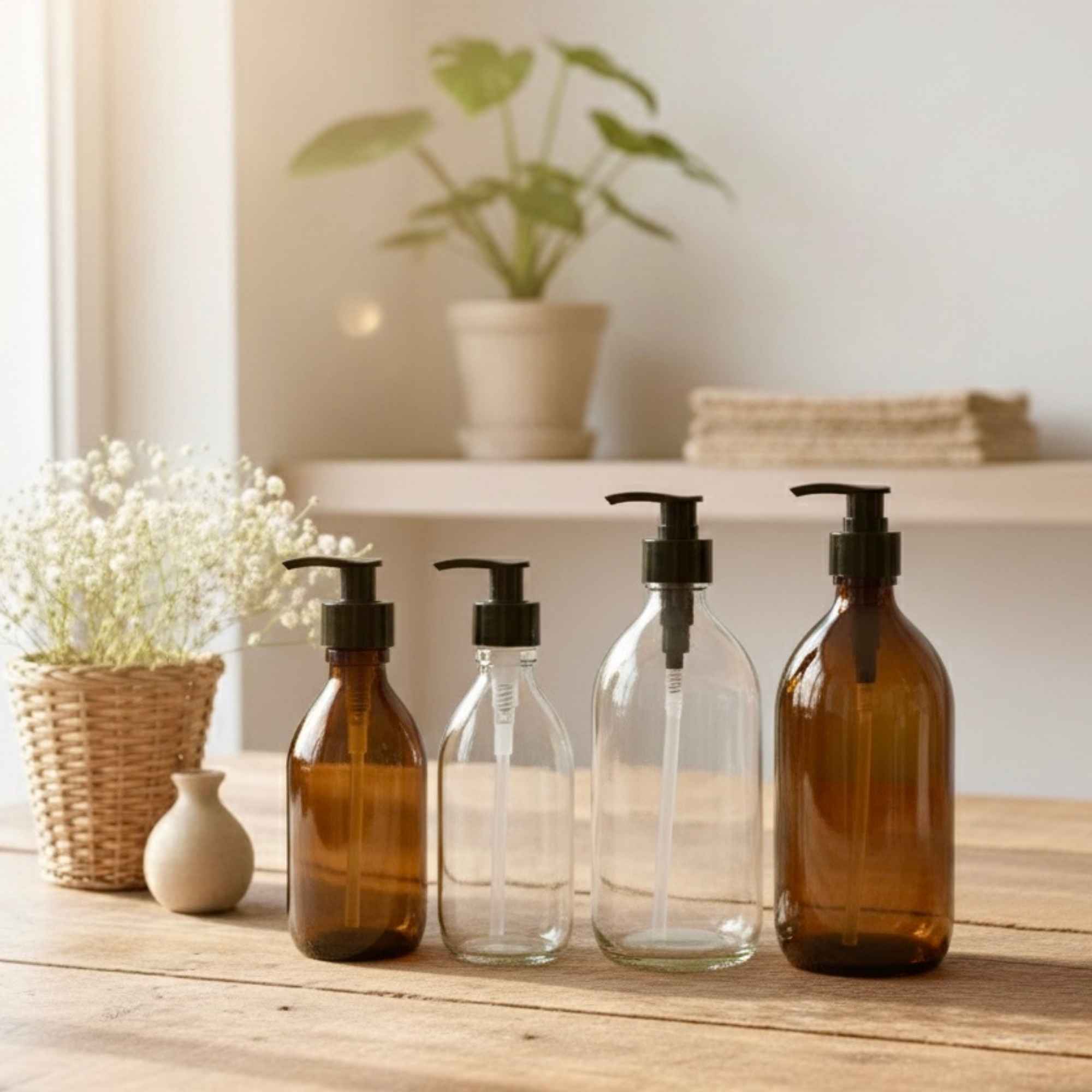 Flacon pompe en verre, solide et durable pour vos recettes naturelles.