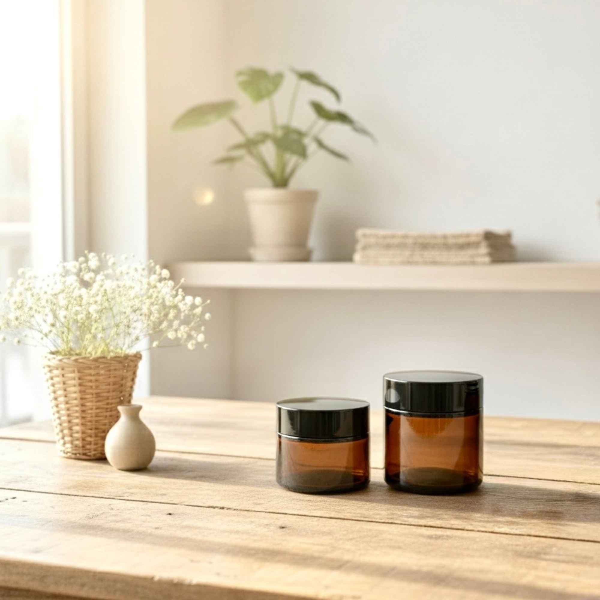 Pot en verre avec couvercle noir, idéal pour cosmétiques maison et soins du corps.