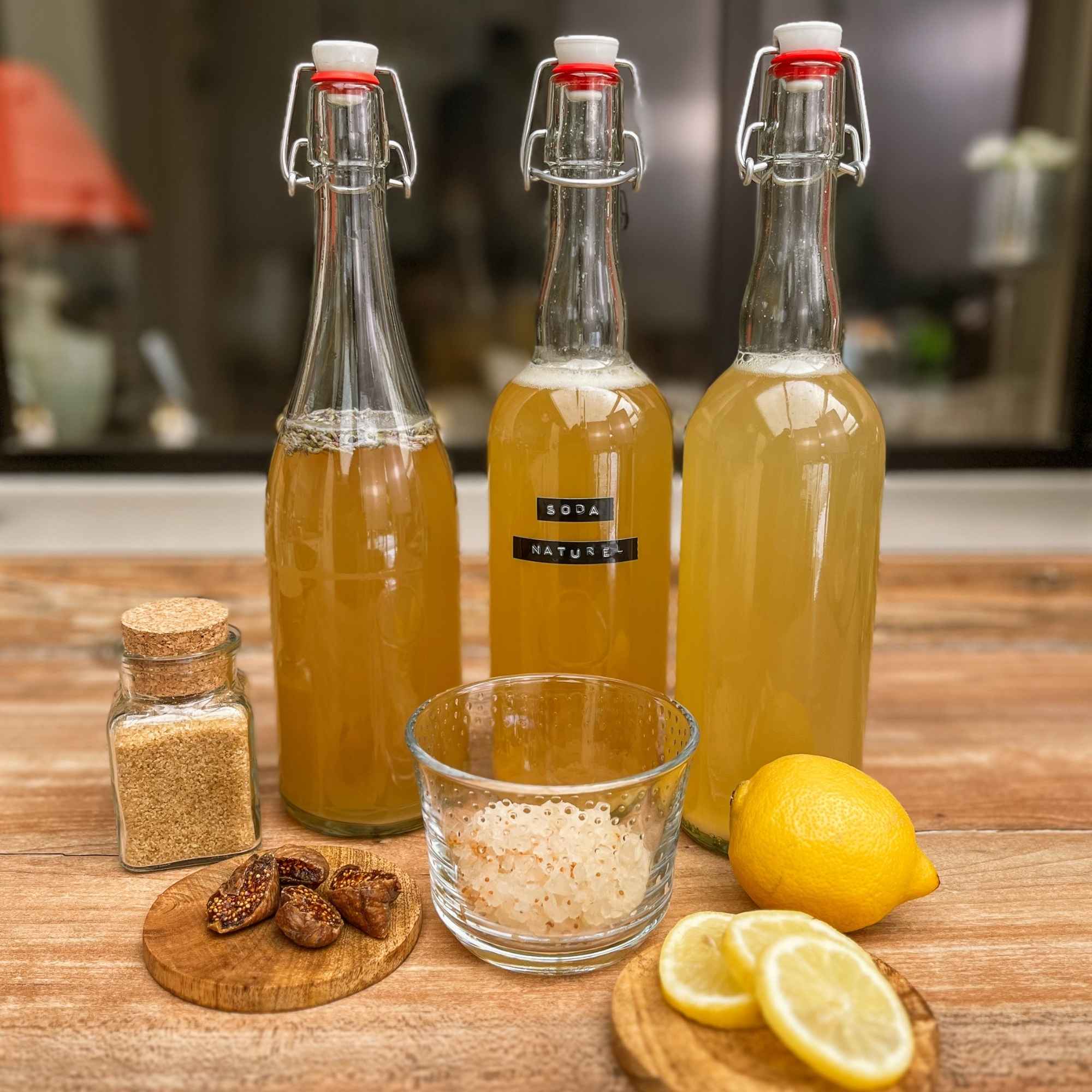 Ingrédients pour kéfir de fruits maison : grains de kéfir, sucre, figues et citron. Vue du contenu du kit Plantes & Recettes.