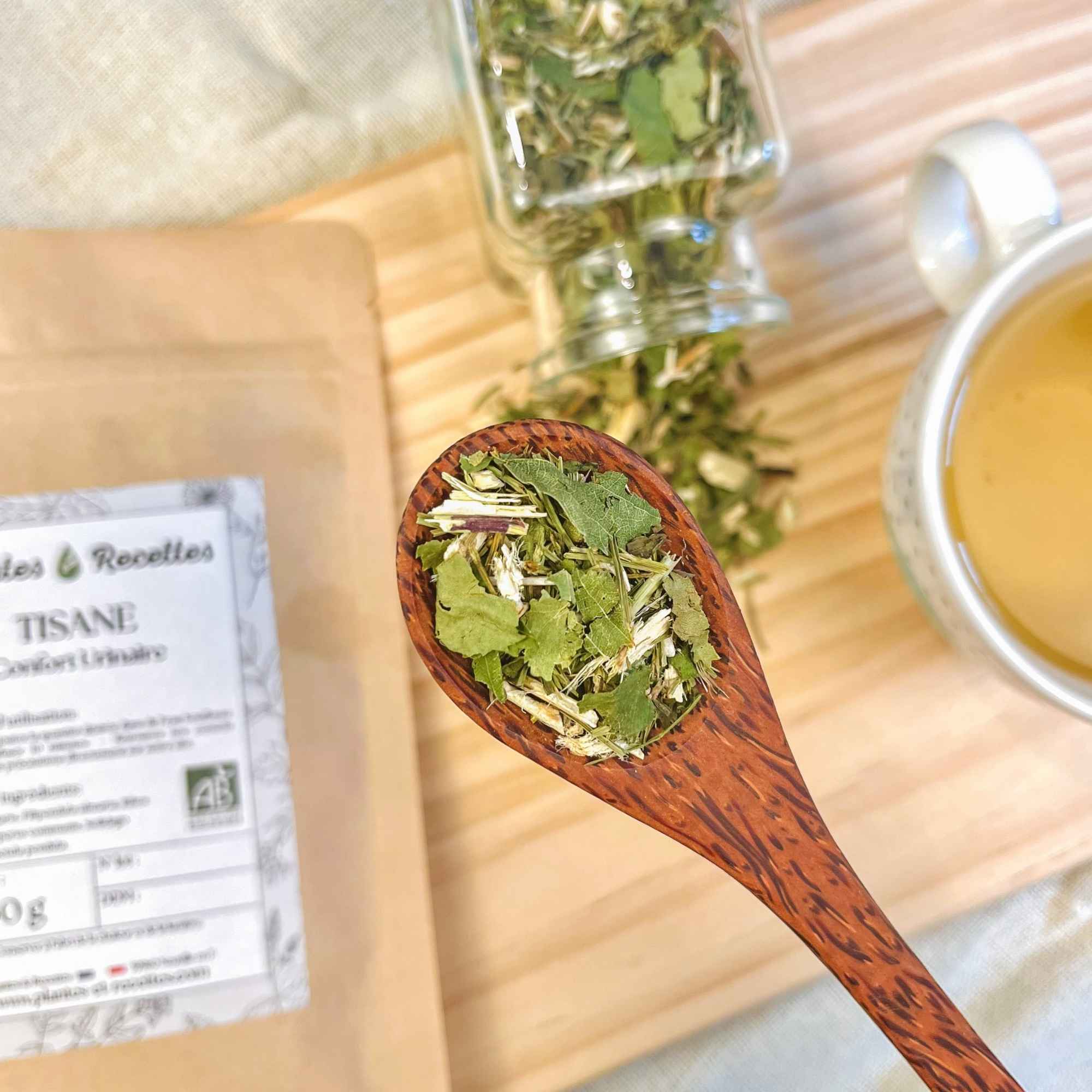 Tisane Confort Urinaire – gros plan sur le mélange dans une cuillère en bois. Photo issue de Plantes et Recettes.