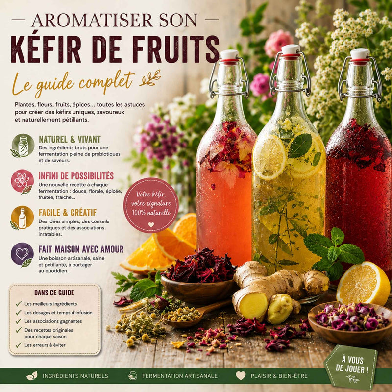 Guide illustré montrant des bouteilles de kéfir de fruits entourées de fleurs d'hibiscus, menthe, gingembre, citron, orange et plantes aromatiques pour apprendre à aromatiser naturellement son kéfir maison.