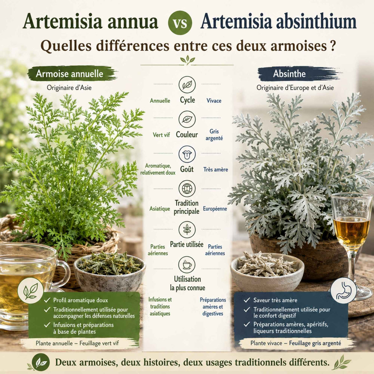Différence entre Artemisia annua armoise annuelle et Artemisia absinthium absinthe, comparaison des feuilles, usages traditionnels et caractéristiques botaniques.