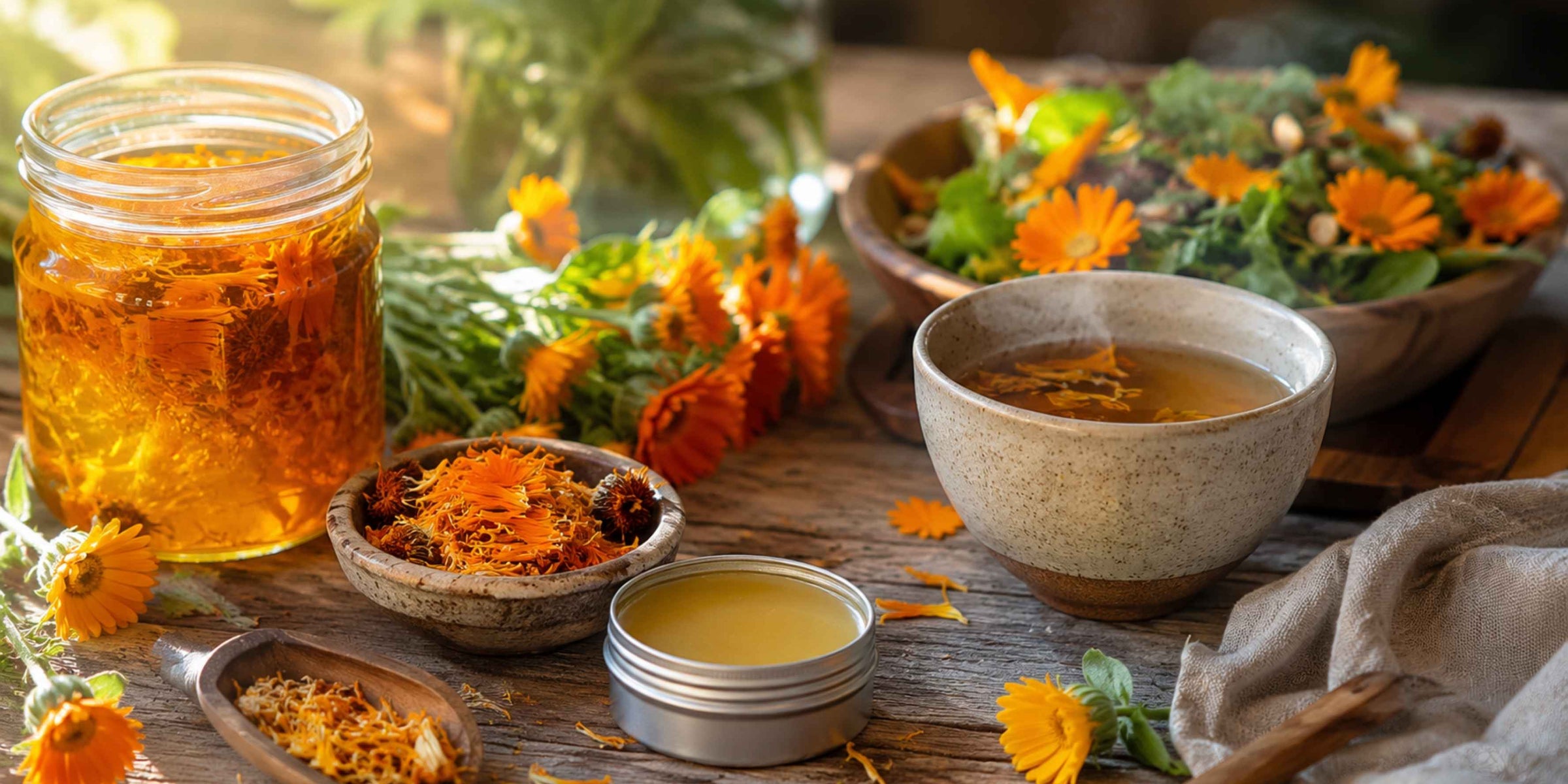 Calendula officinalis en fleurs, plante médicinale utilisée pour les soins de la peau, les macérâts huileux, les baumes et les préparations maison