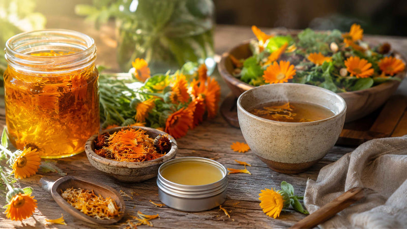 Calendula officinalis en fleurs, plante médicinale utilisée pour les soins de la peau, les macérâts huileux, les baumes et les préparations maison