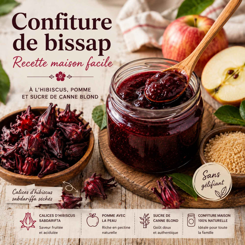 Pot de confiture de bissap maison préparée avec des calices d'hibiscus sabdariffa séchés, une pomme riche en pectine et du sucre de canne blond.