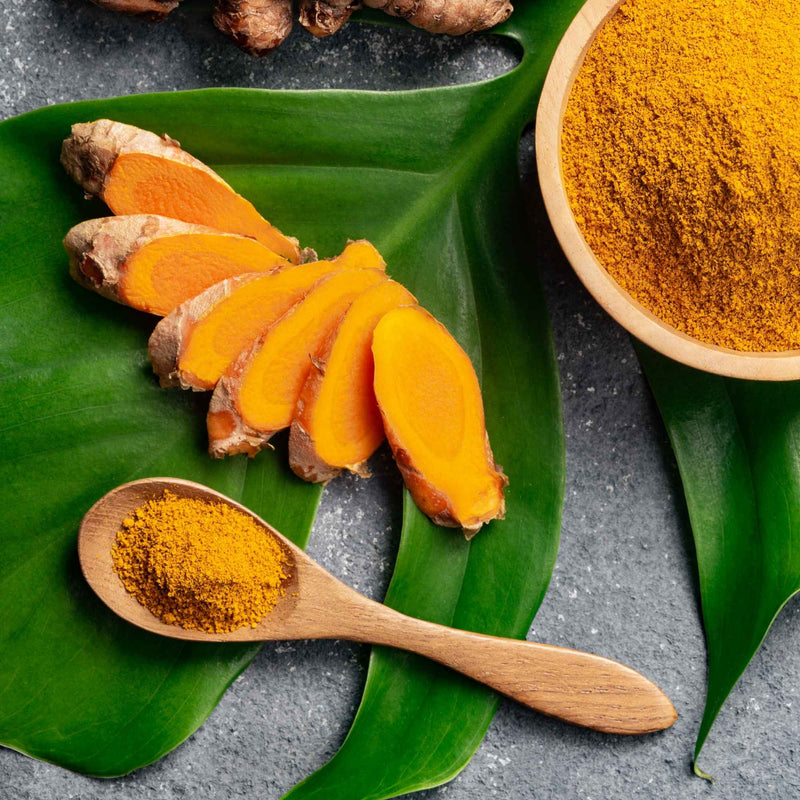 Poudre de curcuma jaune dans un bol avec racines fraîches, illustrant les bienfaits et usages du curcuma en cuisine, herboristerie et cosmétique