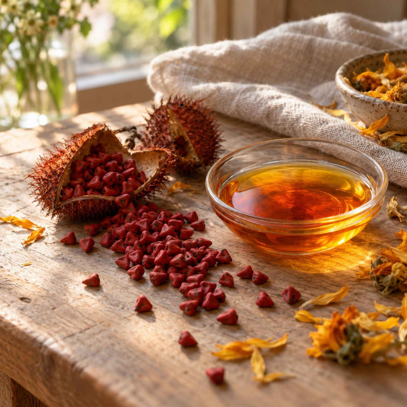 Graines d’annatto utilisées pour préparer une huile bonne mine naturelle et un baume à lèvres illuminateur maison