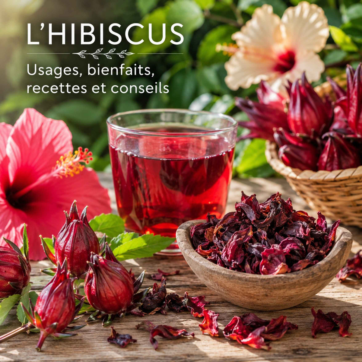 Calices d'hibiscus bio séchés, infusion rouge, boisson naturelle et guide complet sur les bienfaits, recettes, thé glacé et usages traditionnels de l'Hibiscus sabdariffa.