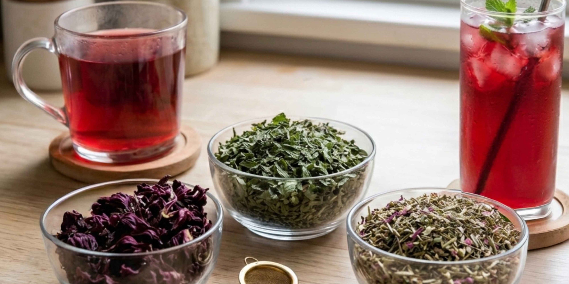 Tisane 4 saisons à l’hibiscus, menthe poivrée et échinacée servie chaude et froide dans des verres transparents.