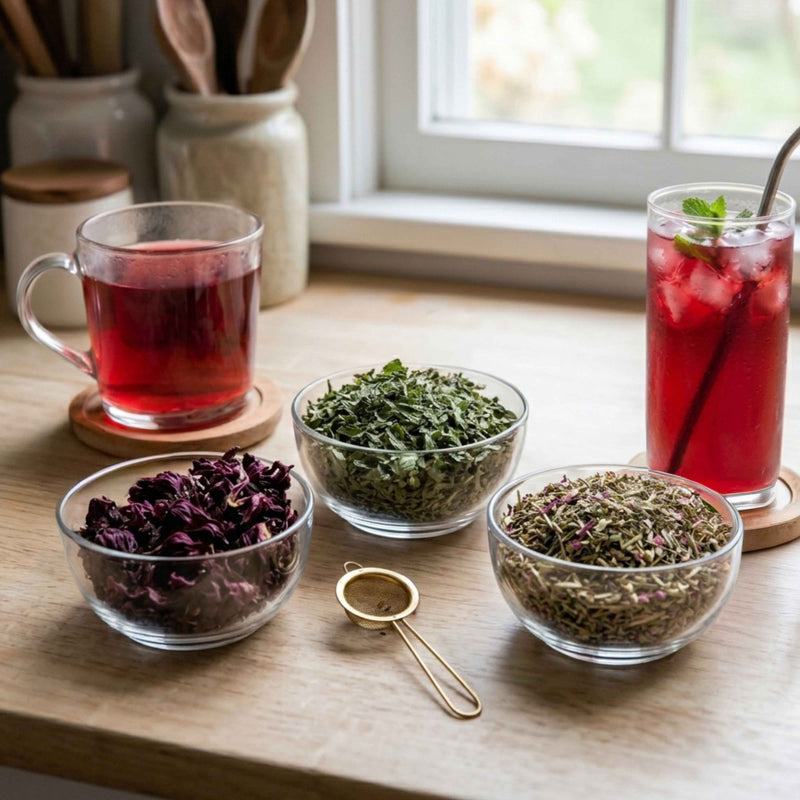 Tisane 4 saisons à l’hibiscus, menthe poivrée et échinacée servie chaude et froide dans des verres transparents.
