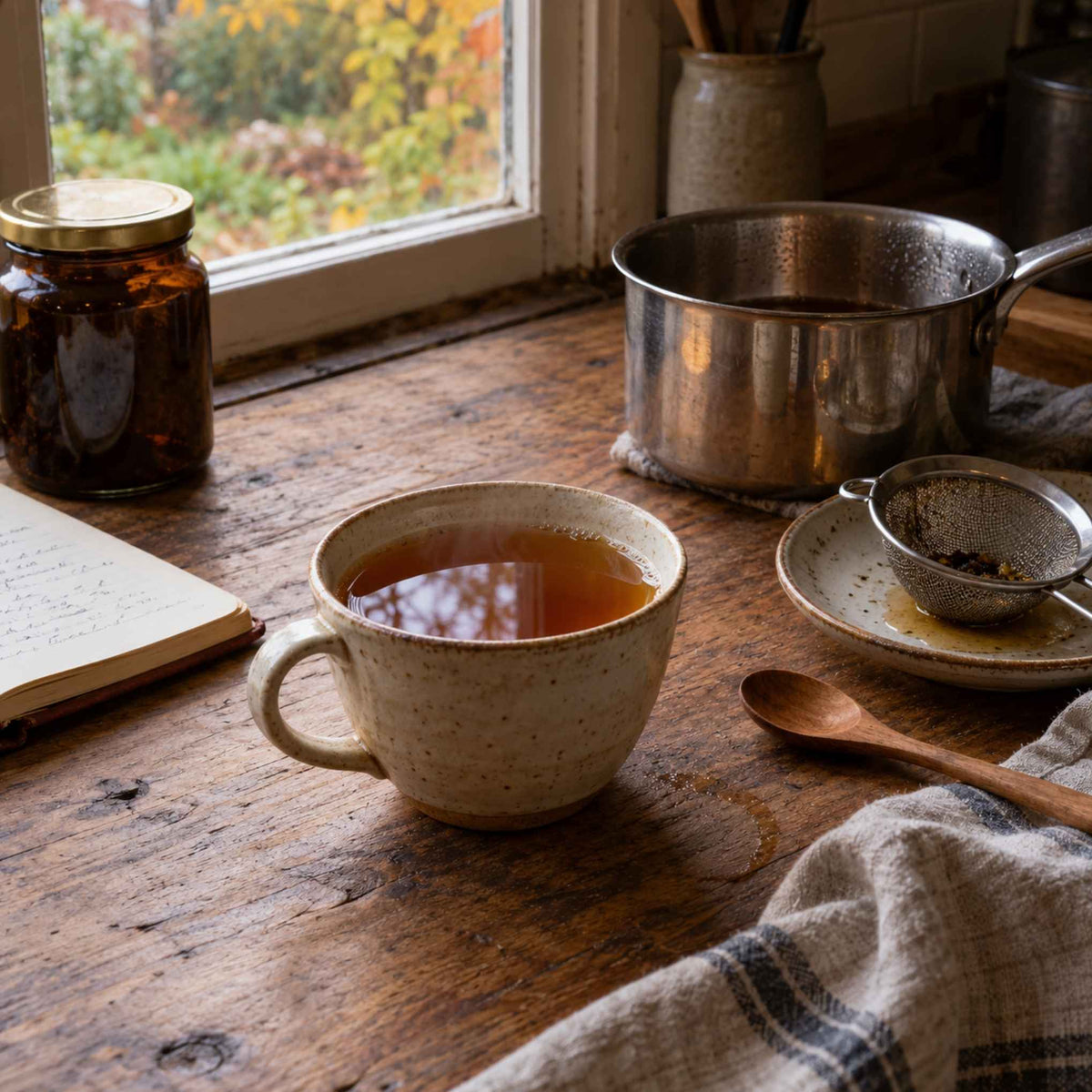 Tasse d’infusion d’automne maison au thym, sureau, mauve et gingembre, avec casserole et passoire sur une table en bois.