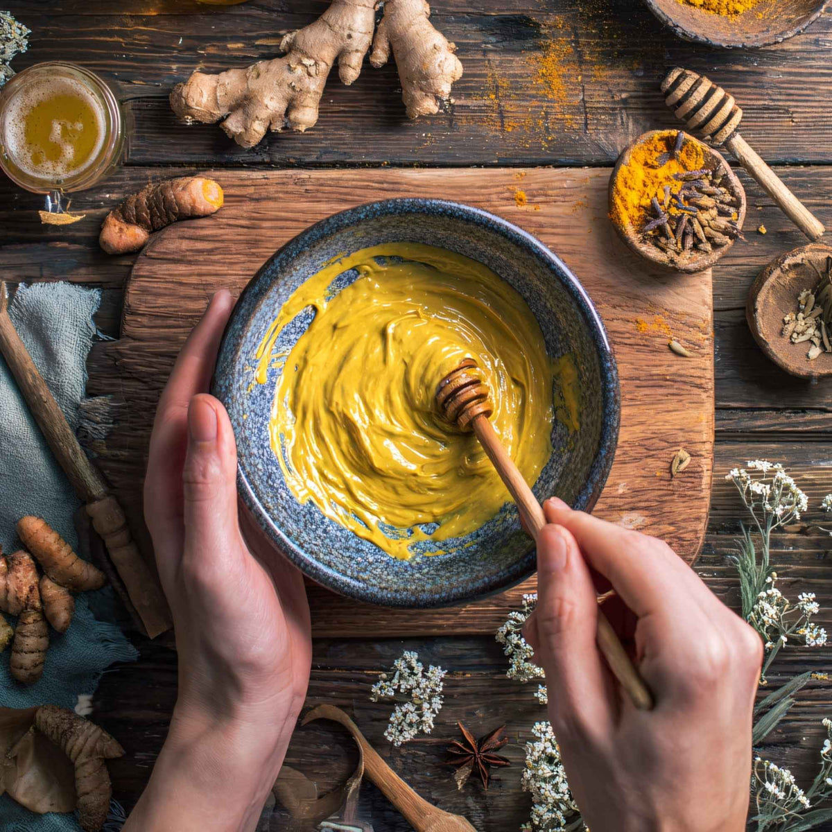 Pot de miel d’or fait maison, curcuma en poudre et cuillère en bois, illustrant une recette bien-être naturelle à base de miel et d’épices.