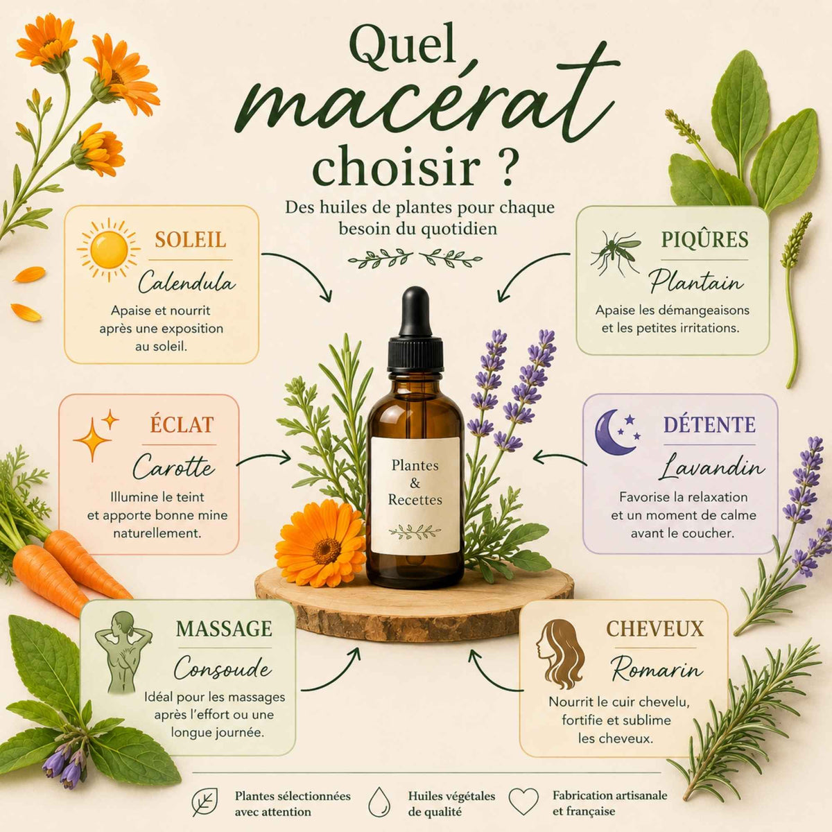 Infographie des macérats huileux par besoin : soleil (calendula), piqûres (plantain), éclat (carotte), détente (lavandin), massage (consoude), cheveux (romarin). Guide pour choisir l’huile de plante adaptée à chaque situation.