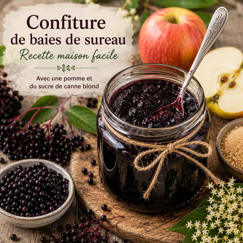 Pot de confiture maison préparée avec des baies de sureau, une pomme riche en pectine et du sucre de canne blond, accompagné de baies de sureau fraîches et d'une pomme coupée.