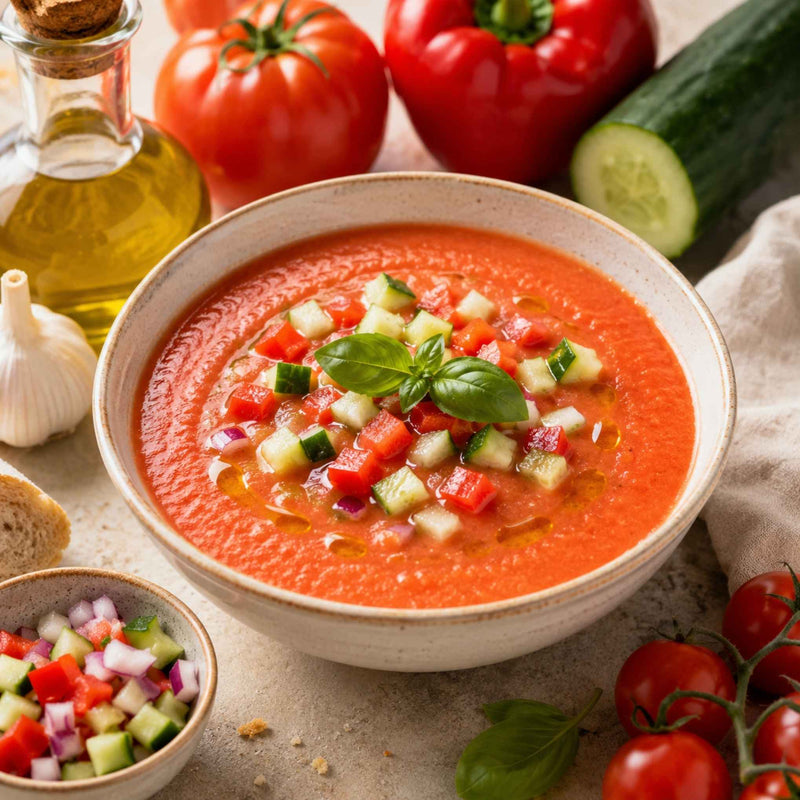 Bol de gaspacho maison traditionnel garni de dés de concombre, poivron et tomate, avec un filet d'huile d'olive, entouré de tomates fraîches, concombre et poivron rouge, idéal pour une recette estivale facile.