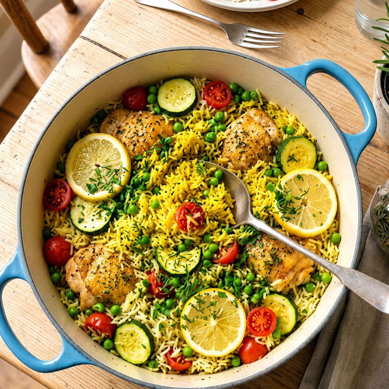 Plat de riz One-Pot au poulet avec citron, courgettes, tomates cerises, petits pois et herbes aromatiques dans une cocotte.