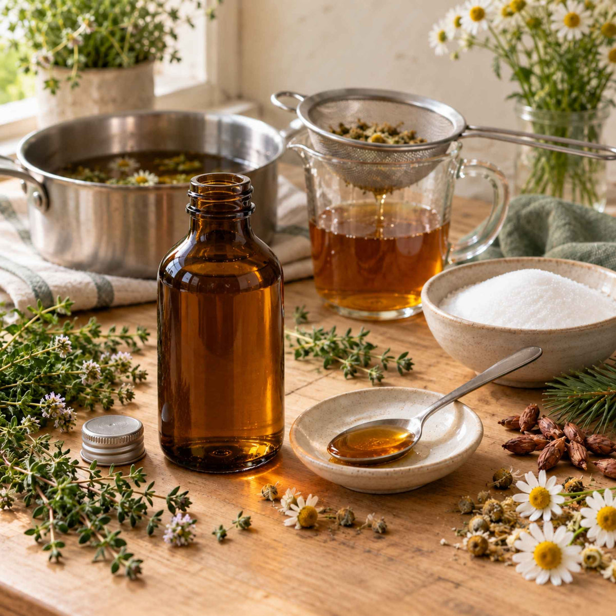 Bouteille en verre ambré pour sirop de plantes maison, entourée de thym, de camomille et de bourgeons de pin, avec une infusion en cours de filtration.