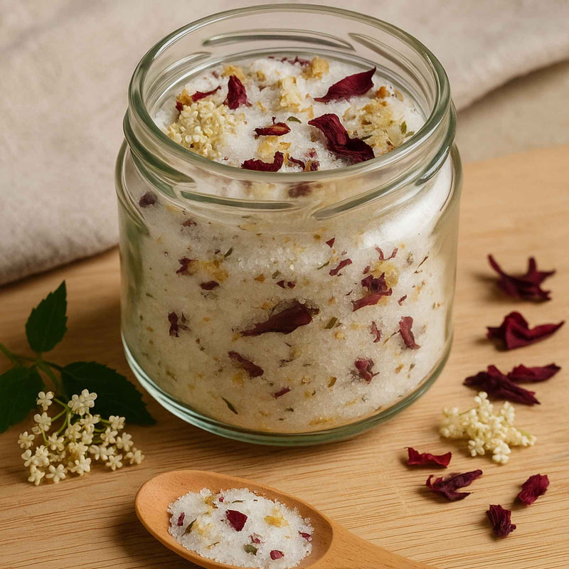 Pot de sucre aromatisé aux fleurs et plantes médicinales comme le sureau, l’hibiscus et la reine-des-prés pour parfumer desserts et boissons naturellement