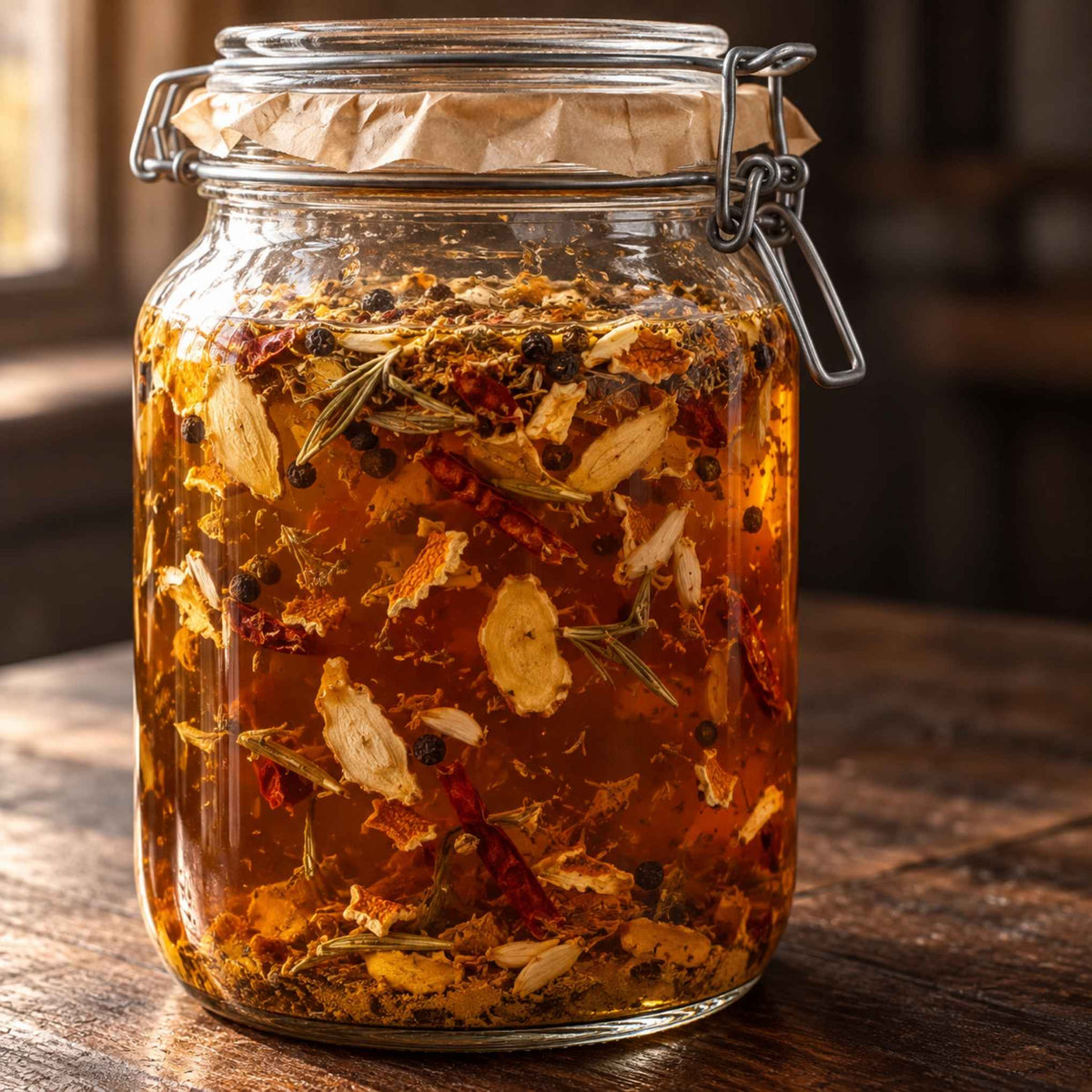 Bocal de vinaigre de feu maison en macération avec gingembre, thym, romarin, piment, poivre noir et écorces d’orange séchées.