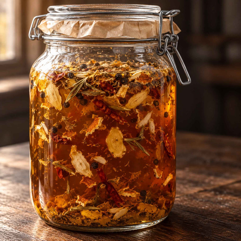 Bocal de vinaigre de feu maison en macération avec gingembre, thym, romarin, piment, poivre noir et écorces d’orange séchées.