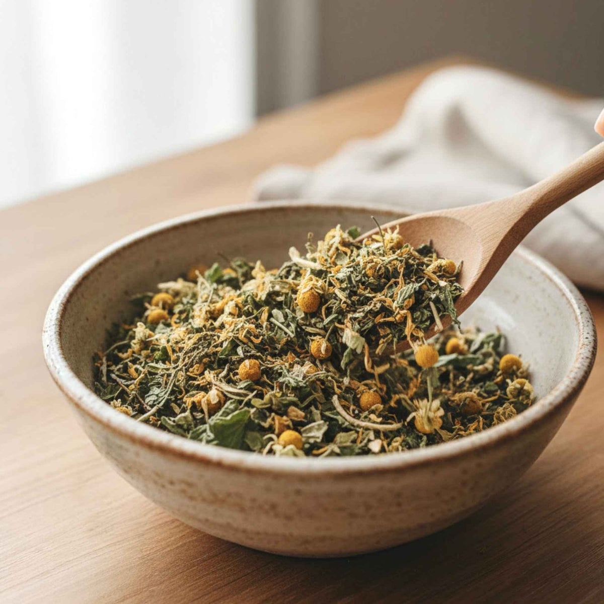 Mélange de plantes sèches pour la tisane Nouvel Équilibre dans un bol avant infusion