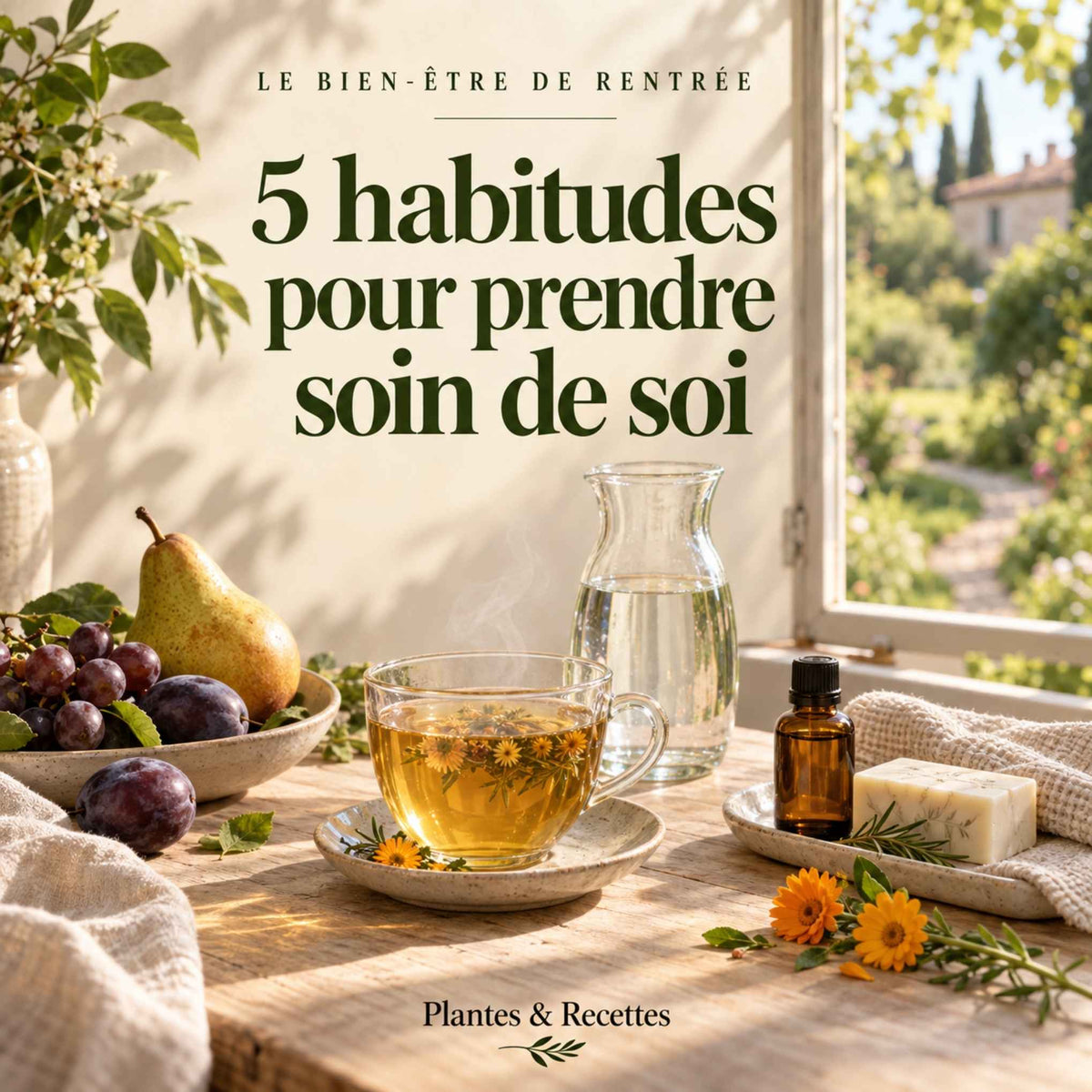 Tasse d’infusion, carafe d’eau, fruits de saison et soins naturels disposés près d’une fenêtre ouverte pour illustrer une routine bien-être de rentrée.