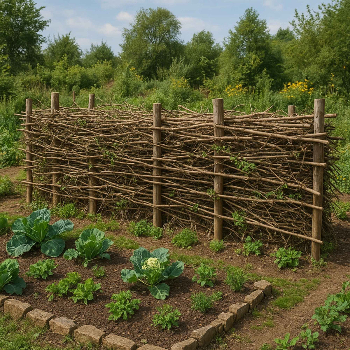 Haie sèche faite de branchages entre piquets de bois dans un jardin en permaculture, entourée d’herbes et de fleurs. Plantes & Recettes