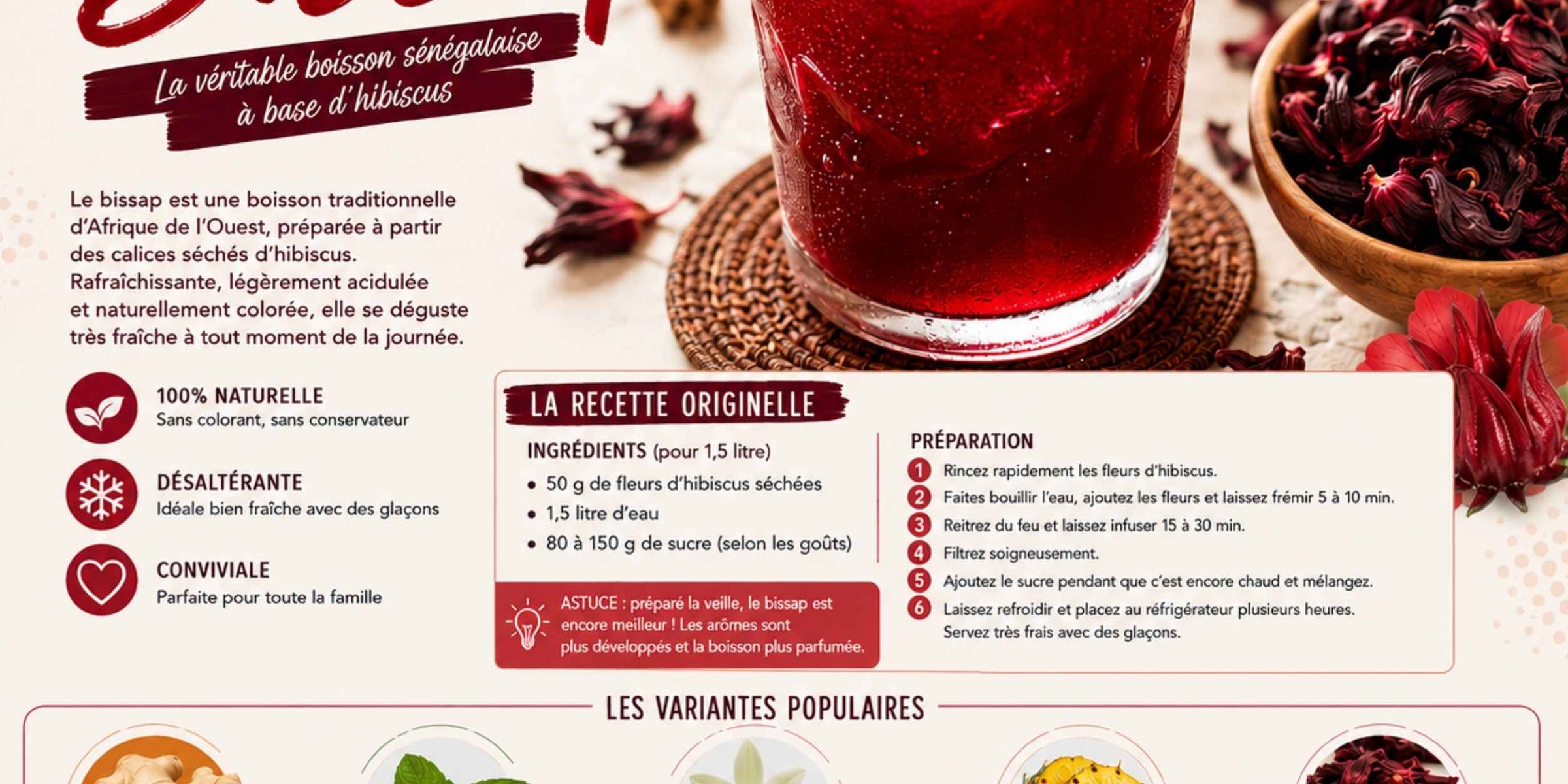 Fiche recette de la recette traditionnelle du Bissap à l'hibiscus