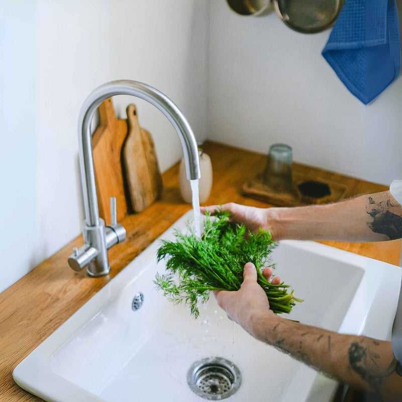 Main lavant délicatement des plantes sauvages fraîches dans une eau claire
