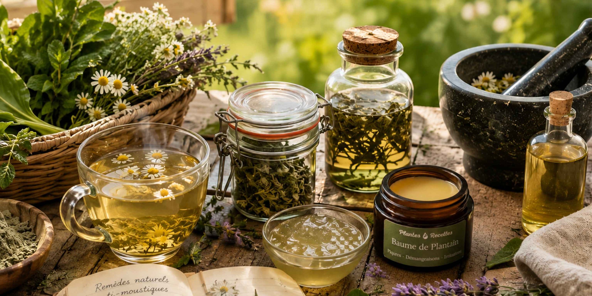 Solutions naturelles traditionnellement utilisées pour prendre soin de la peau après les piqûres de moustiques avec plantain, camomille, aloe vera et argile verte