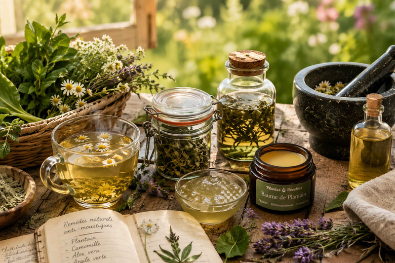 Solutions naturelles traditionnellement utilisées pour prendre soin de la peau après les piqûres de moustiques avec plantain, camomille, aloe vera et argile verte