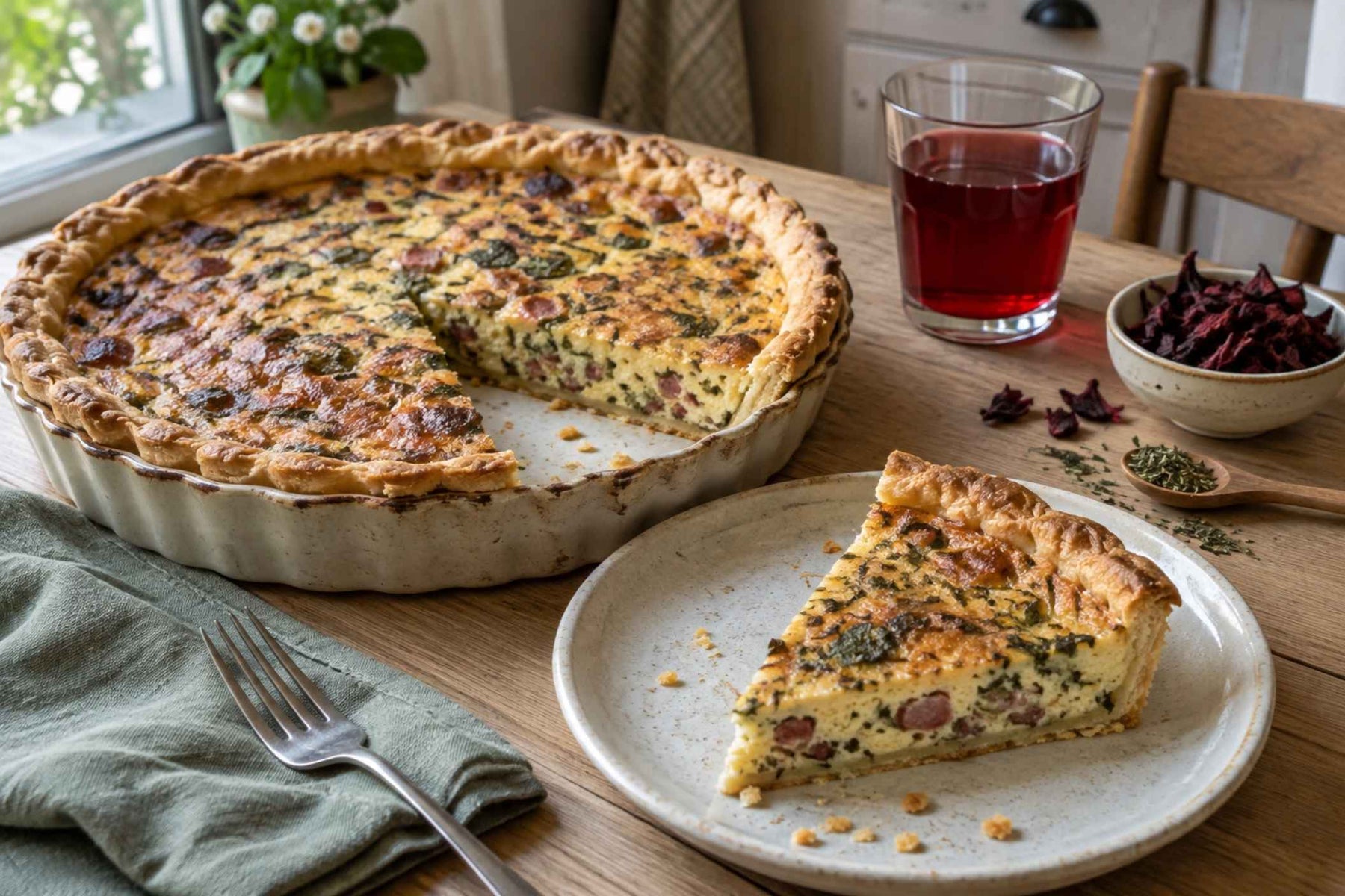 Quiche à l’ail des ours et aux lardons, avec une part servie dans une assiette, accompagnée d’un verre de sirop d’hibiscus dilué.