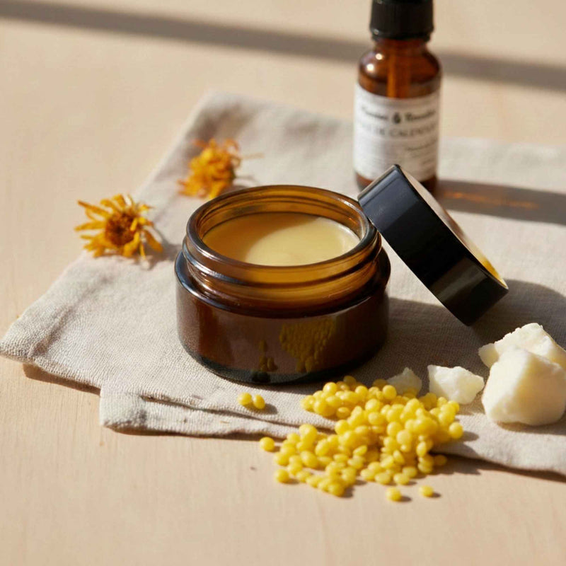 Baume à lèvres au calendula fait maison avec beurre de karité, cire d’abeille et macérat de calendula, présenté avec les ingrédients en vrac.