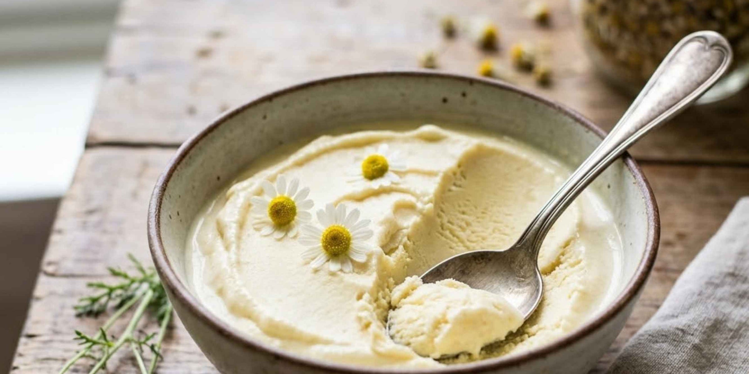 Glace artisanale à la camomille matricaire servie dans un bol, décorée de fleurs de camomille séchées et de fleurs fraîches, idéale pour une recette de dessert maison aux notes florales.