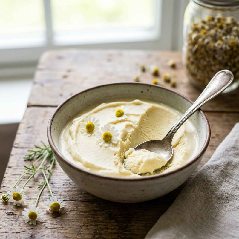 Glace artisanale à la camomille matricaire servie dans un bol, décorée de fleurs de camomille séchées et de fleurs fraîches, idéale pour une recette de dessert maison aux notes florales.