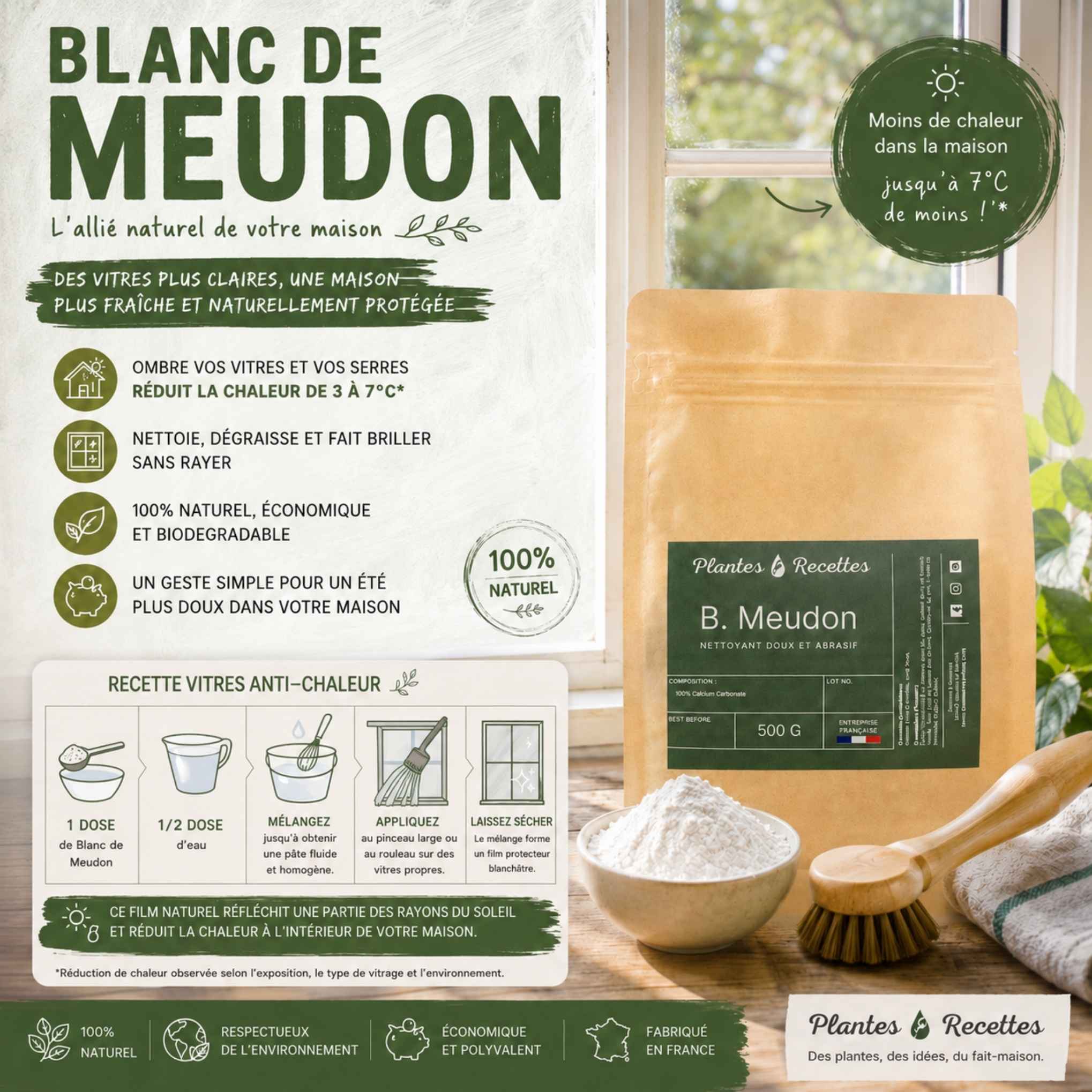 Infographie présentant le Blanc de Meudon naturel, ses principaux usages pour nettoyer les vitres et une recette traditionnelle anti-chaleur à base d'une dose de Blanc de Meudon pour une demi-dose d'eau afin de blanchir les vitres et limiter la chaleur estivale.