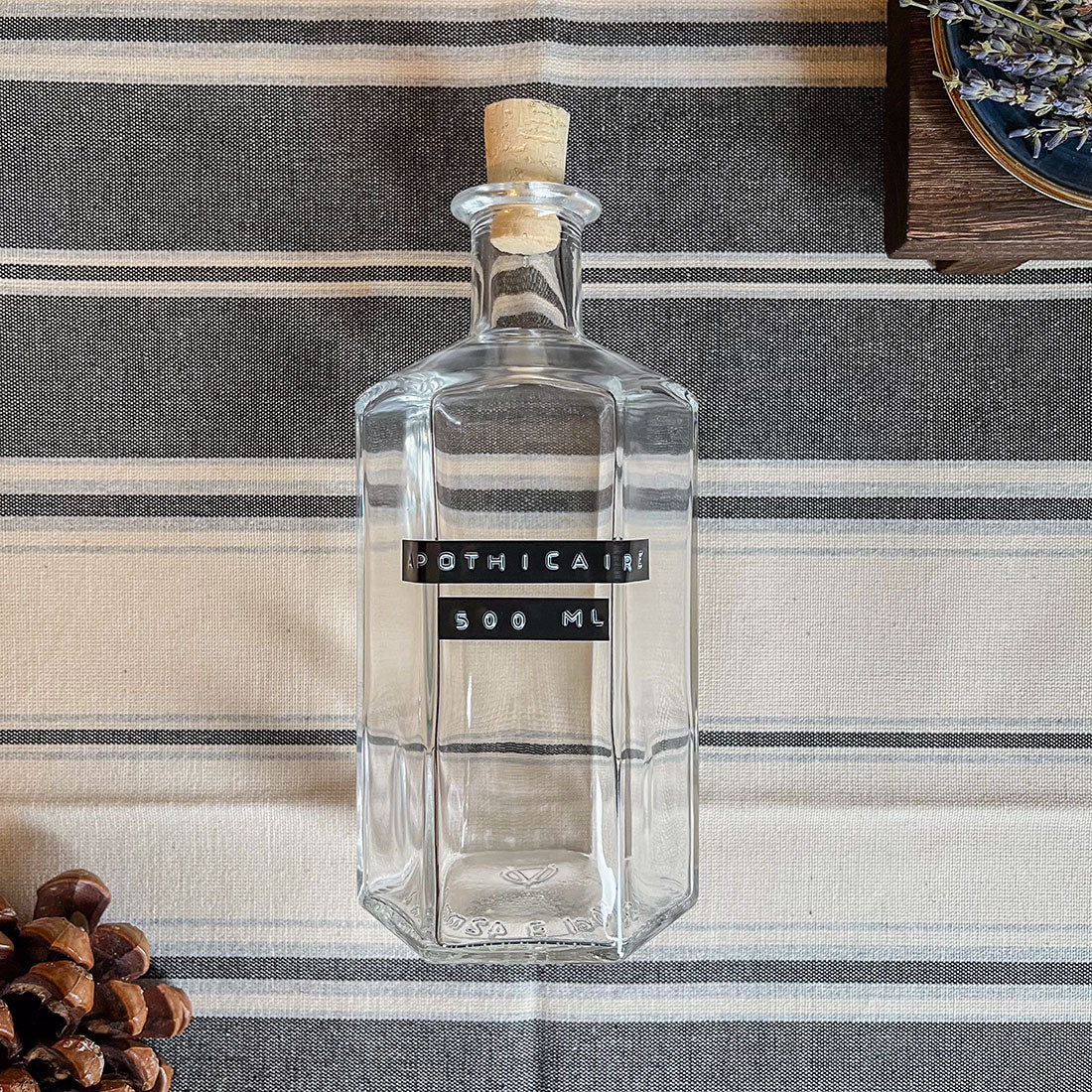 Bouteille apothicaire hexagonale 500ml en verre transparent avec bouchon en liège naturel