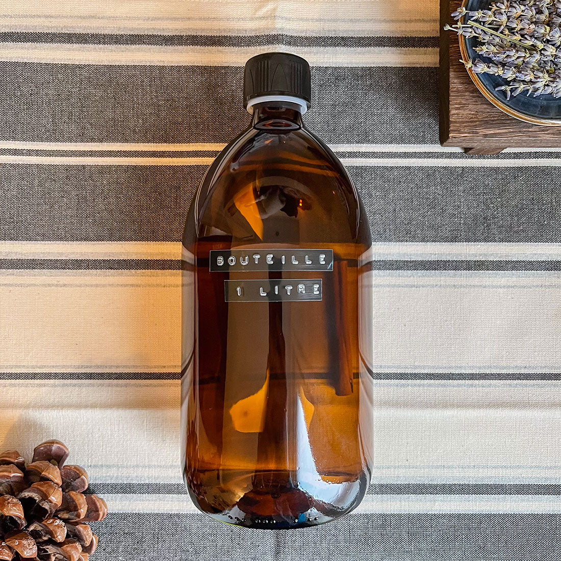 Bouteille en verre ambré 1000ml avec bouchon sécurité enfant pour huiles et produits ménagers