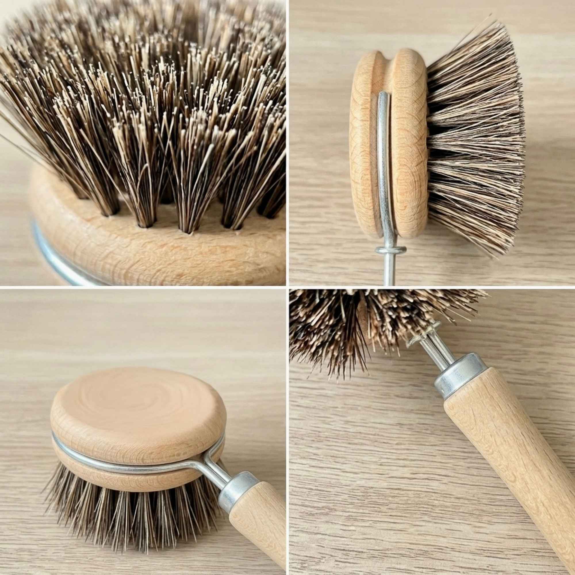 Brosse vaisselle en bois équipée de fibres naturelles en crin de cheval, utilisée pour nettoyer en douceur les assiettes, verres et ustensiles de cuisine.
