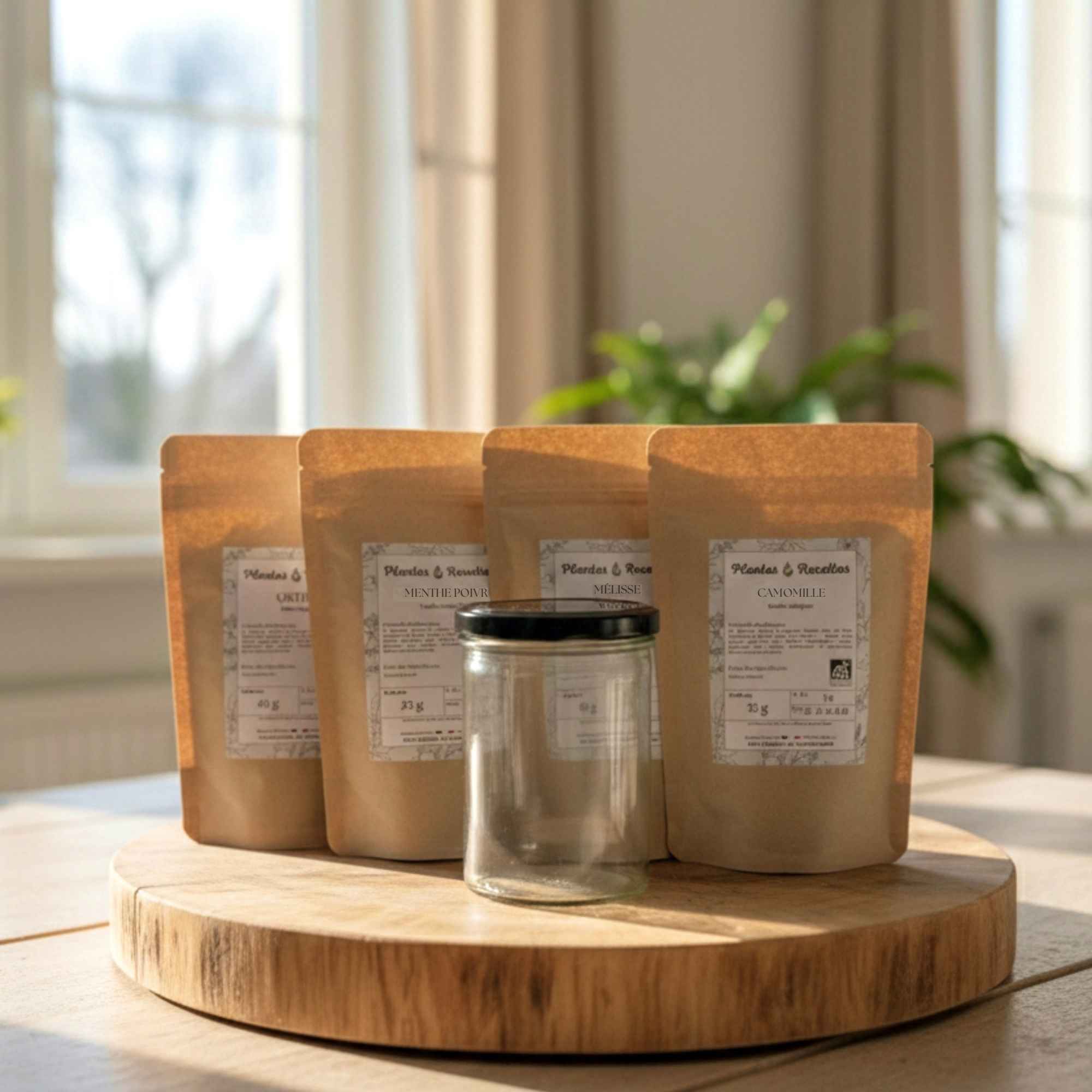 Kit recette tisane Nouvel Équilibre avec plantes séchées, bocal de stockage et fiche recette papier Plantes & Recettes