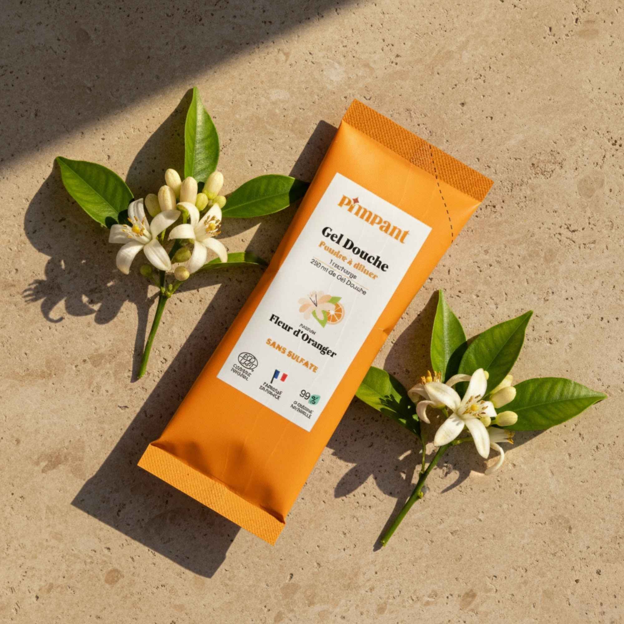 Gel douche naturel à la fleur d’oranger Pimpant, vendu chez Plantes & Recettes.