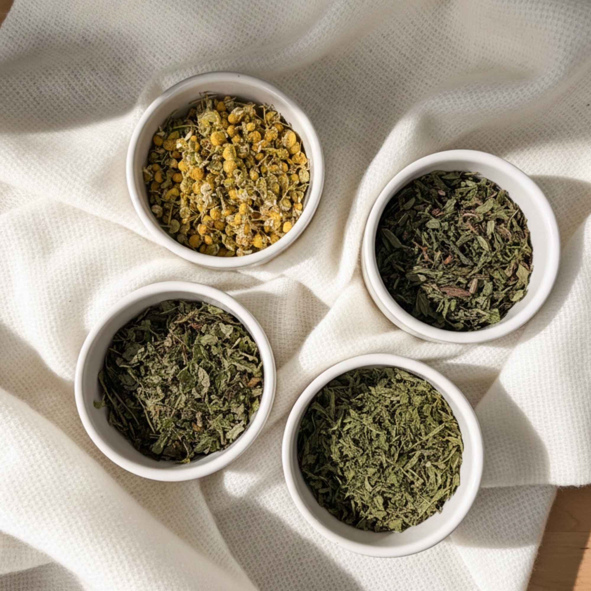 Plantes séchées du kit tisane Nouvel Équilibre : mélisse, camomille, ortie et menthe prêtes à être mélangées